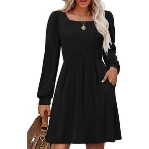 NEW Knit Dress Pockets Square Neck Long Sleeve Knee Length S